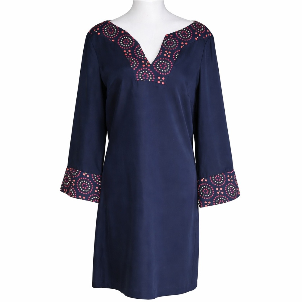 NWT CK‎ Bradley Navy Silk Shift Dress Geometric Embroidered Trim Size 10 V-Neck